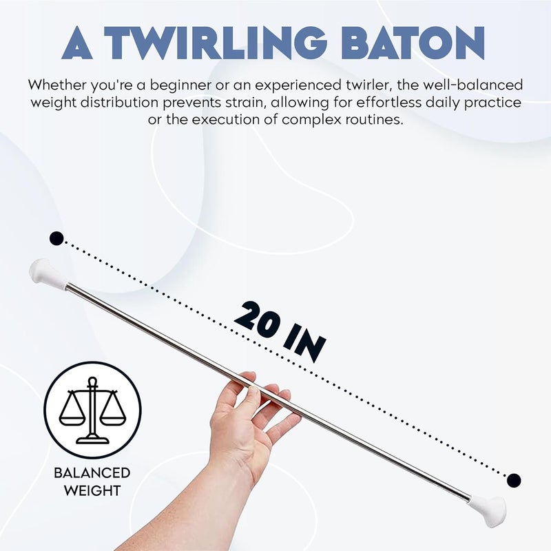 SIRCLES 20 inch Twirling Marching Baton in Stainless Steel with Rubberized Ends Mini Shaft 3/8 with 2 Dancing Ribbons (20 Inch) - Image 2